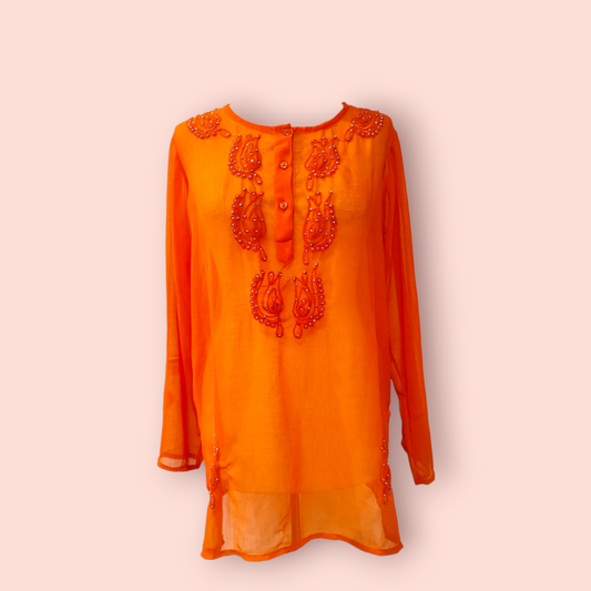 Lange Bluse mit Glitzersteinen Orange