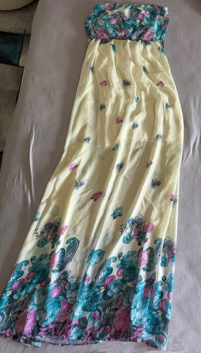 Langes Kleid S-M Cremig mit Blumenmuster in Pink und Türkis