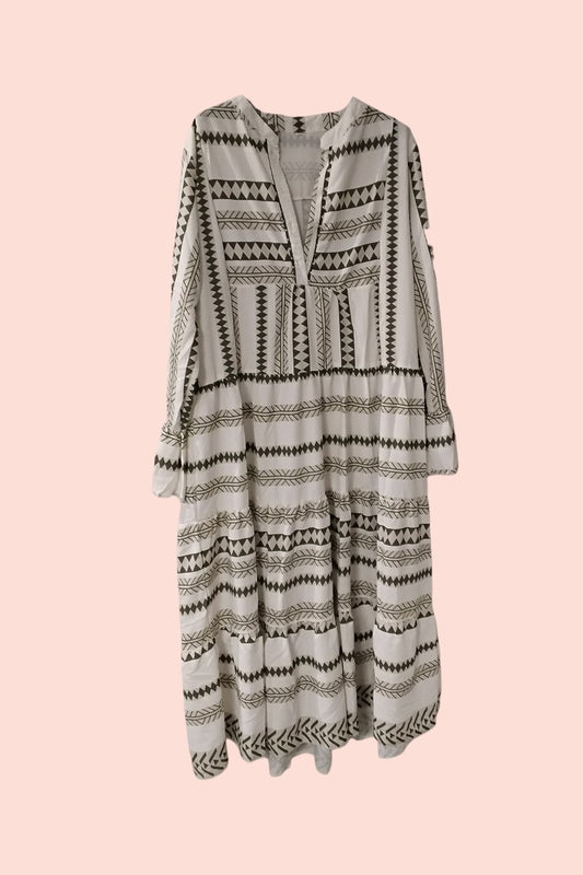 Kleid 2XL Weiß, beige, grün